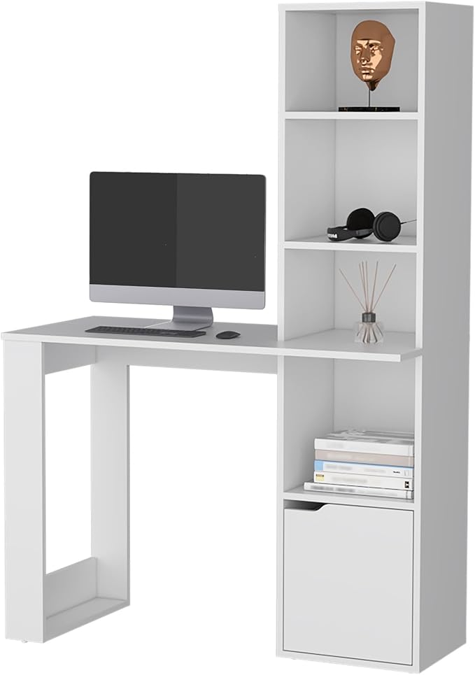 Penau Stylish White Office Desk with Integrated Bookcase Lower Cabinet for Storage Durable Particle Board Construction 58.27 Inches Height 38.78 Inches Width