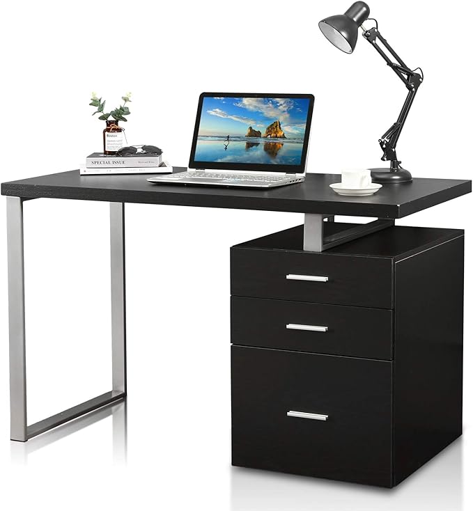 Festival Depot 47.5 Home Office Desk Modern Computer Desk with Metal Frame Laptop Table with Reversible File Cabinet Including Drawers for Study Working