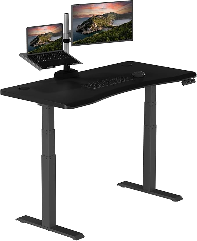 Vari Ergo 54x26 Electric Standing Desk – Height Adjustable Sit Stand VariDesk + Curved Waterfall Edge 4 Memory Settings Quick Assembly Cable Management 200 lb Capacity – Black (2 Boxes)