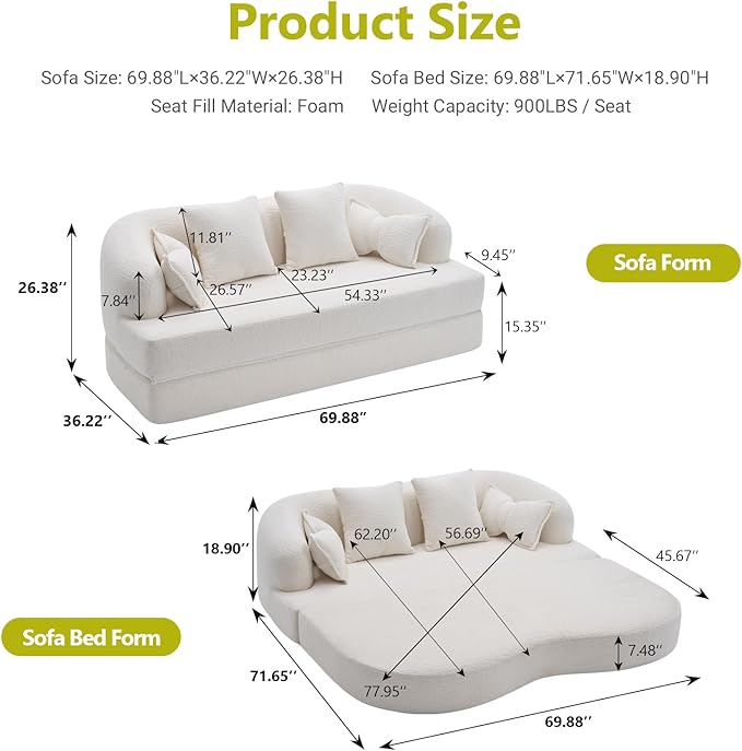 69.9 Folding Sofa Bed Full Sponge Convertible Sofa Bed with Wood Grain Chenille Fabric Easy to Carry Multi-Functional Guest Bed for Living Room Apartment Office