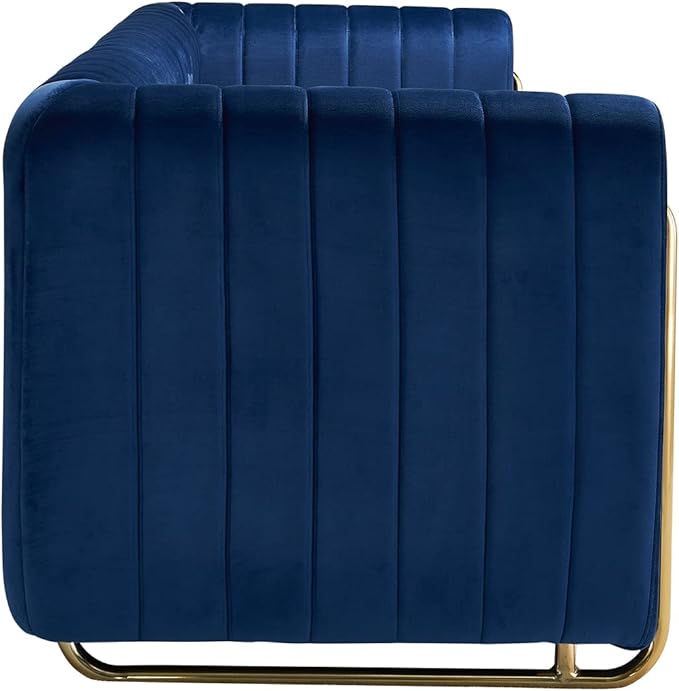 kevinplus 84.2'' Velvet Chesterfield Sofa Couch for Living Room Modern Luxury 3-Seat Upholstered Sofa Couch for Apartment Bedroom Dorm Office Strong Gold Metal Legs (Channel Backrest Blue)