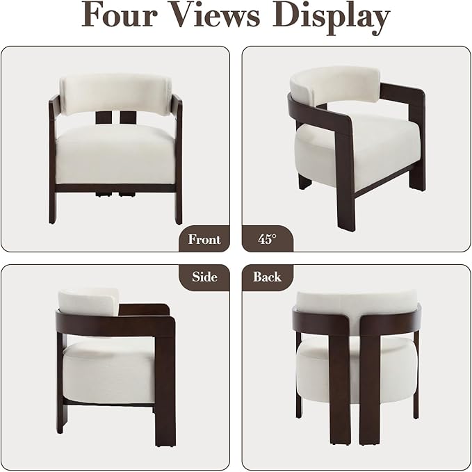 Modern Accent Chair Upholstered Barrel Chairs Chenille Fabric Guest Chair with Wooden Legs Armrest for Living Room Bedroom 1PC White