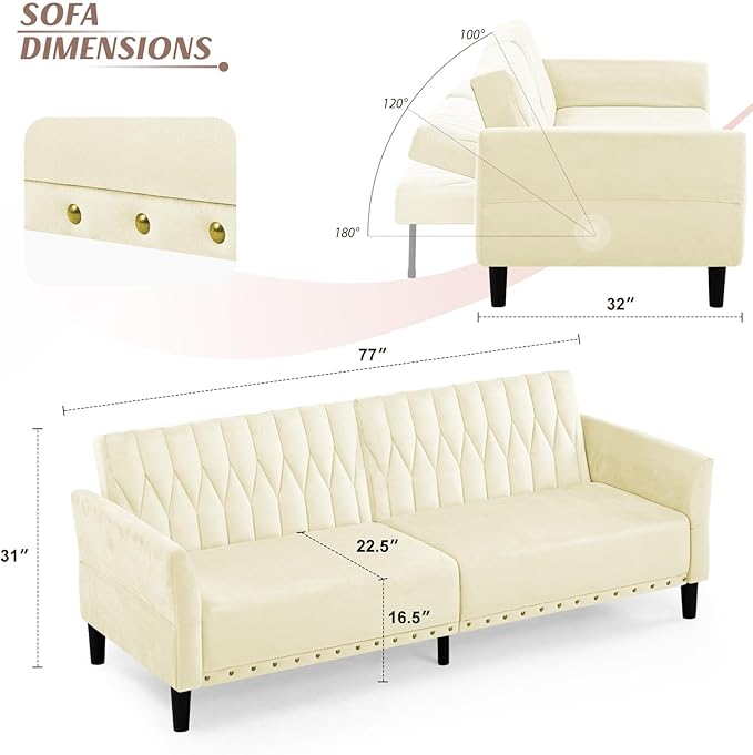 77” Velvet Sofa Bed with Adjustable Armrests and BackrestsTufted Convertible Futon Couch with Nailhead Trim Loveseat Modern Velvet Sleeper Sofa for Living RoomBedroomOffice Beige