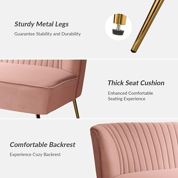 HULALA HOME Velvet Loveseat Sofa with Gold Legs Mid-Century Modern Upholstered Love seat Couch Tufted Small 2-Seat Sofa Armless for Living Room Bedroom Apartment Small Spaces Pink