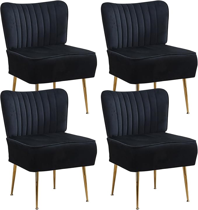 Accent Chair Set of 4 Upholstered Velvet Wingback Side Chairs Modern Armless Living Room Chairs with Golden Legs Vanity Chair for Bedroom Black