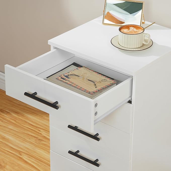 HOOBRO 5-Drawer File Cabinet Office Filing Cabinet with Drawers Wooden Mobile Storage Cabinet with Wheels for Makeup Home Office Easy Assembly White WT05WJ01G1