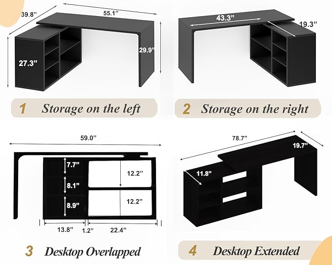 HSH Black L Shaped Computer Desk Corner Desk with Storage Cabinet Shelves Reversible Industrial Wood Executive Workstation L-Shaped Home Office Table for Work Study Writing Gaming 55 Inch