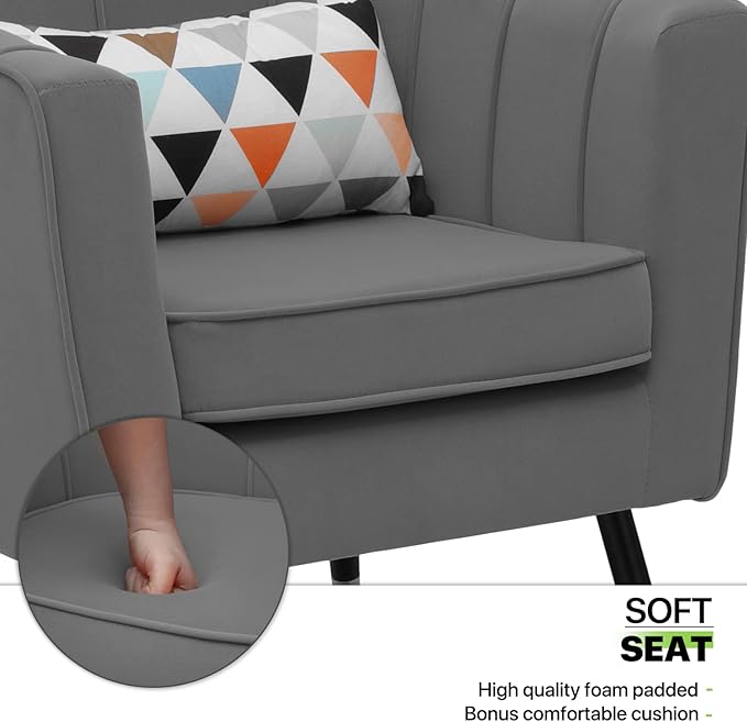 Magshion Barrel Accent Chair with Lumbar Pillow Modern Upholstered Armchair Ergonomic Single Sofa Chair for Living Room Bedroom Office 550 lbs Capacity - Gray