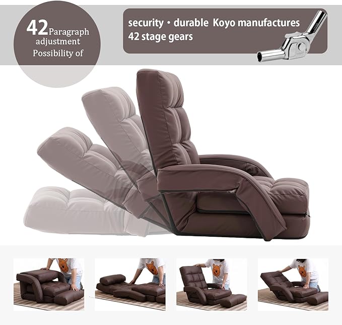 FLOGUOR 14-Position Adjustable Floor Chair Chaise Lounge Indoor Folding Lazy Sofa with Armrests and a Pillow Padded Adults Gaming Chairs for Living Room Bedroom Factory Price8803 (Coffee(PU))