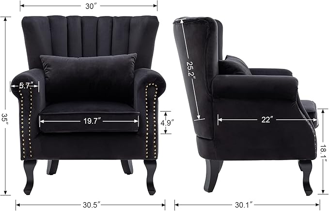 chairus Mid-Century Modern Accent Chair Comfy Single Sofa Chair Channel Back Armchair with Small Pillow for Living Roon Bedroom Club - Velvet Black