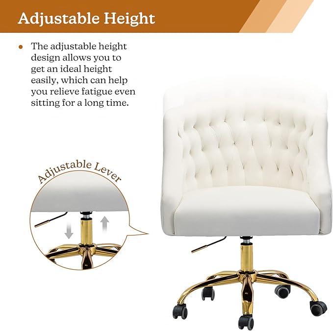 Velvet Home Office Chair with Gold Base Comfortable Modern Cute Desk Chair Adjustable Swivel Task Chair for Living Room Bedroom Vanity Study Ivory