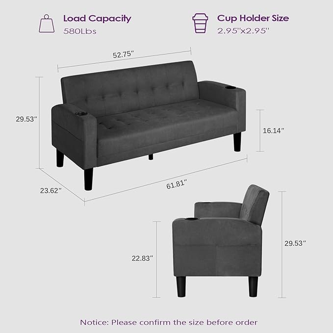 TYBOATLE Sofa Couch Living Room Furniture Sectional Sofa Sets 2 Pcs Tufted Mid-Century Loveseat w/USB Cupholders &amp Comfy Single Sofa for Small Space Apartment Office (Dark Grey)