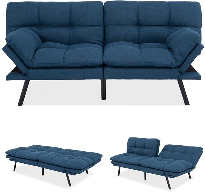 MUUEGM Futon Sofa Bed Memory Foam Navy Blue Futons Modern Office Couch Sleeper Bed Convertible Love seat Sofa for Small SpacesApartmentOffice with Adjustable Armrest Backrest