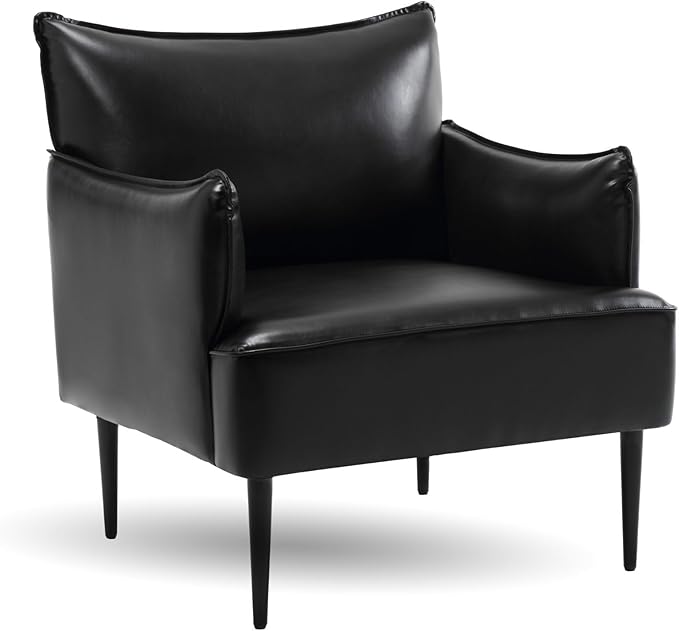 Black Accent Chair with Arms Modern PU Leather Living Room Chair with Metal Legs Upholstered Reading Chair Comfy Side Armchair for Reception Bedroom Small Spaces