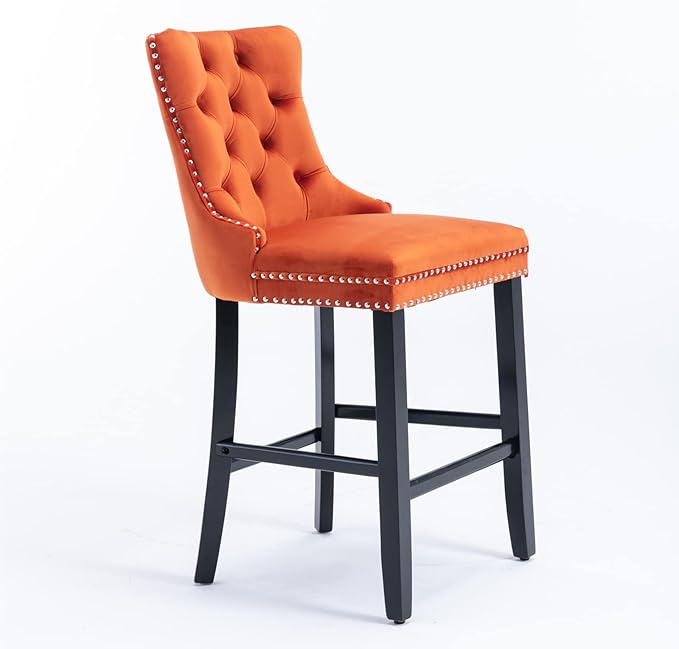 Modern Upholstered BarstoolsVelvet Bar ChairsSet of 2Wooden LegsLeisure Style Bar ChairsHigh Backrest ChairKitchen Island Chairs for CafesLiving RoomKitchenBarOrange