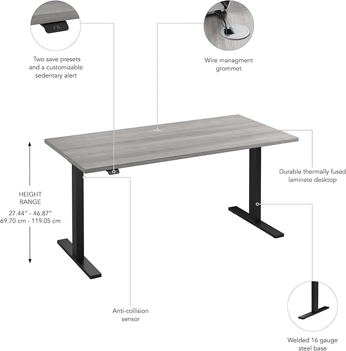 Bush Business Furniture Move 60 Series 60W x 30D Electric Height Adjustable Standing Desk in Platinum Gray with Black Base