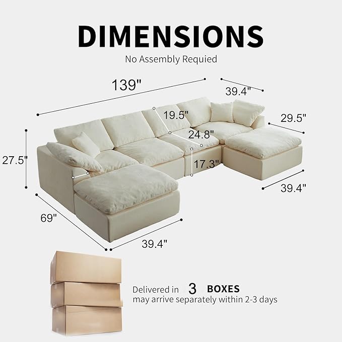 138 Cloud Sectional Couches for Living Room Convertible U-Shape Boneless Couch with Ottoman 6-Seater Compressed Sofa Modular Sectional Sofa (6-Seater Grey)