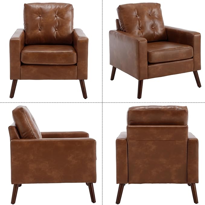 Brown Accent Chair Faux Leather Tufted Single Sofa Oversized Club Chair Armchair Mid Century Modern Armchair with Wood Legs for Reading/Living Room/Bedroom