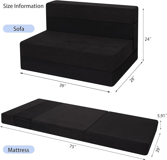 Sofa Bed Foldable Mattress Folding Sleeper Sofa Chair Bed Floor Mattress with Pillow for Living Room Home Office (Black-Corduroy Twin)