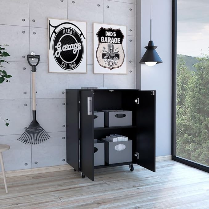 Mobile Filing Cabinet with 2-Tier Black Particle Board Double Door Metal Hardware Classic Small Storage Cabinet for Home Office Study Room