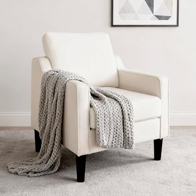 Accent Chair for Living Room Mid-Century Armchairs for Small Spaces Chenille Upholstered Comfy Reading Armchair with Studded for Bedroom (White-A)