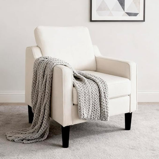 Accent Chair for Living Room Mid-Century Armchairs for Small Spaces Chenille Upholstered Comfy Reading Armchair with Studded for Bedroom (White-A)