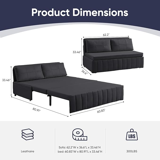 ijuicy 3 in 1 Queen Size Pull Out Sofa Bed Leathaire Sleeper Sofa with Pullout Bed Convertible Loveseat Couch with Pillows and Tri-fold Mattress for Small Spaces Apartment Dark Grey