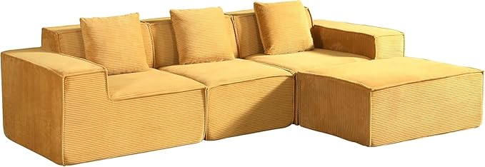 Harper Convertible Corduroy Sectional Couch with Ottoman &amp Pillows Modular L Shaped Sleeper Sofa Boneless Cloud Couch for Living Room Furniture Ginger Yellow