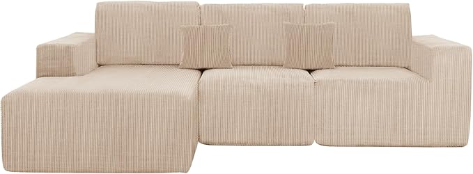 Boneless Couches for Living Room L-Shape Chaise Cloud Couch Modular Sectional 3 Pieces Deep Seat 111 Compressed Couches for Living Room Bedroom with Plush Corduroy Fabric No Assembly Required Khaki