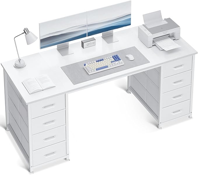 ODK 55 Inch Computer Desk with 8 Fabric Drawers Modern Office Desk with Large Storage for Home Office Study Gaming White