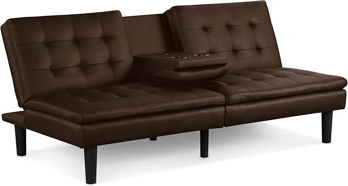 Furniture of America Fallein Modern Contemporary Wood 71.5-inch Futon Sofa Bed with Drop-Down Table Cup Holders USB-A Charger Biscuit Tufting for Bedroom Guest Room Brown