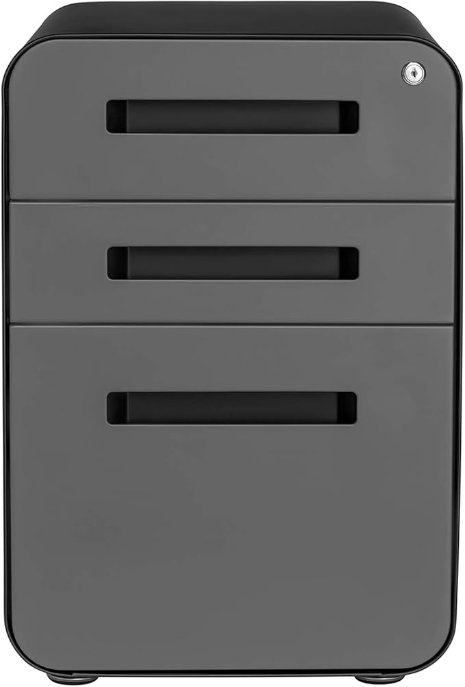 Laura Davidson Furniture Stockpile 3 Drawer File Cabinet with Lock - Under Office Desk Metal Filing Cabinet Legal/Letter File Folders Wheels and Stationary Feet Pre-Assembled Black/Grey