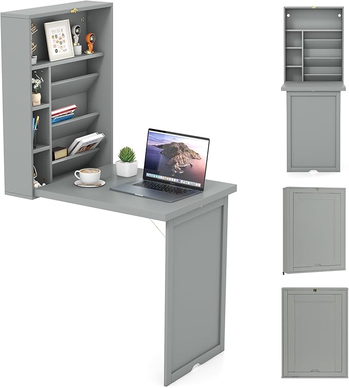 GOFLAME Wall Mounted Folding Desk with 3-Tier Tilt Storage Partition and Adjustable Shelves Space-Saving Convertible Writing Desk for Home Office Gray