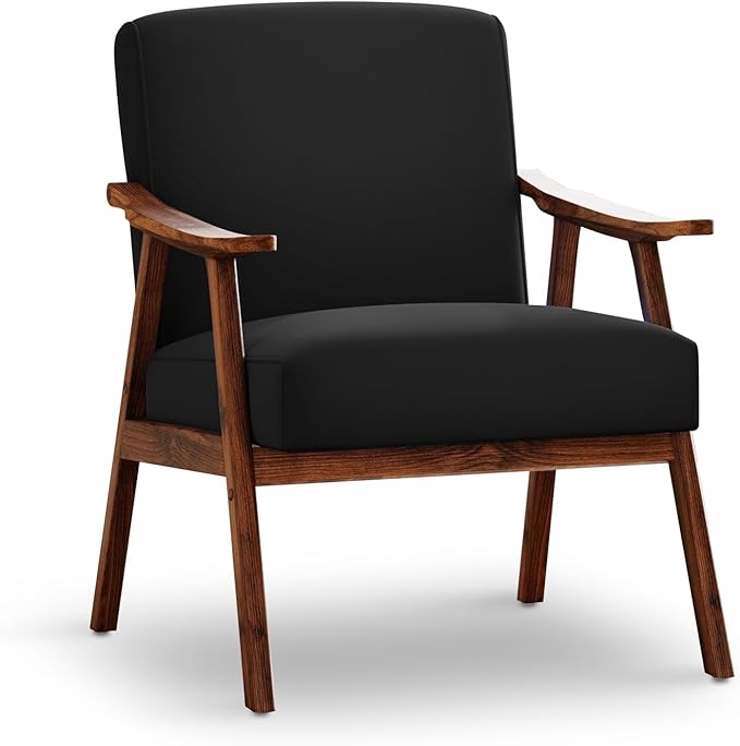 Mid Century Accent Chair Boho Farmhouse Accent Chairs for Living Room Retro Single Lounge Reading Armchair with Solid Wood Frame (Velvet Fabric in Black)