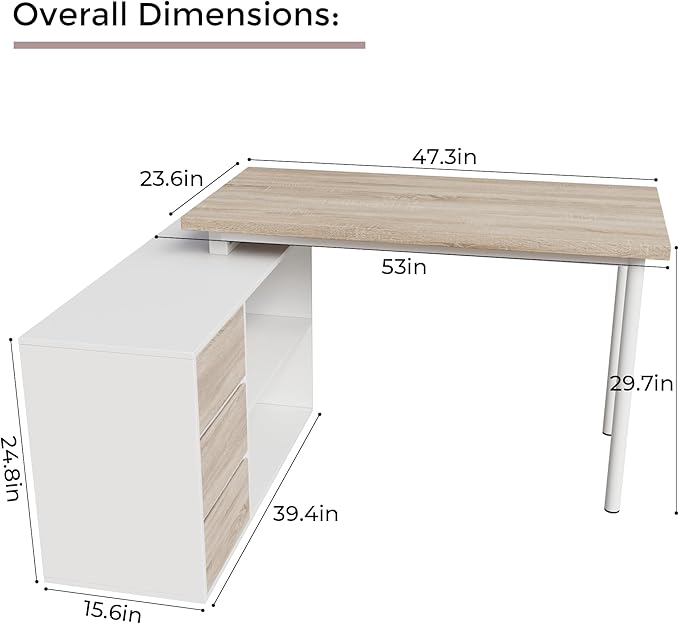Home Office Computer Desk Corner Desk with 3 Drawers and 2 Shelves 53-inch L-Shaped Study Desk with Storage White + Walnut