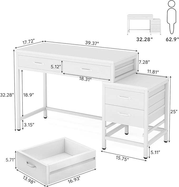 Little Tree Computer Desk with 5 Drawers Home Office Desks with Reversible File Drawer Cabinet Printer Stand