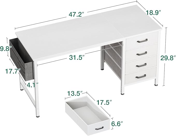 Casaottima 48-Inch Computer Desk with 4 Fabric Drawers — Home Office Desks with Storage Writing Desk with Side Hook and Cloth Bag Modern Study/Work Table for Bedroom and Small Space White
