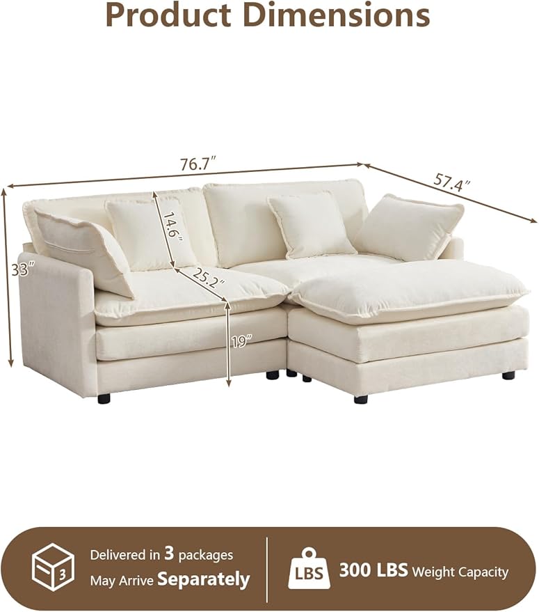 Modular Sectional Sofa Modern Loveseat Sofa Cloud Couch with Movable Ottoman Comfy Chenille Deep Seat L Shaped Couches for Small Living Room Bedroom Apartment Beige White