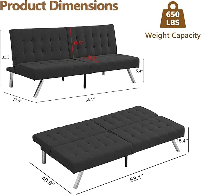 Modern Convertible Futon Sofa Bed Adjustable Loveseat Futon Couch with Metal Legs Upholstered Sofa Bed with Wood Frame Sleeper Couches for Small Compact RV Living RoomOffice (Black-Fabric)