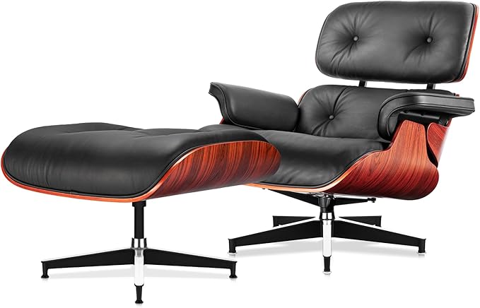 Top Black Grain Leather Mid Century Chaise Lounge Chair and Ottoman Modern Chair Classic Design Red Rosewood Heavy Duty Base Support for Living Room Office
