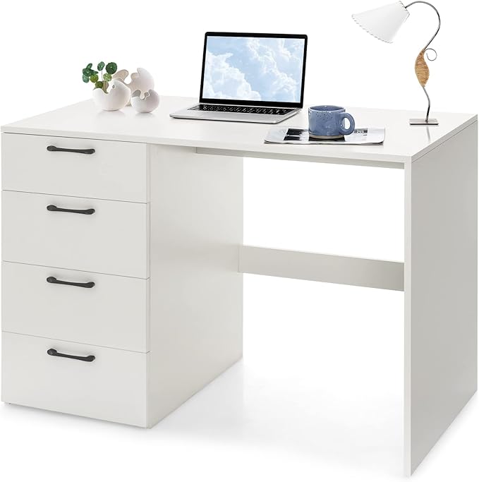 COSTWAY White Computer Desk with 4 Large Drawers Home Office PC Desk Workstation for Writing Modern Computer Table for Bedroom Study Living Room
