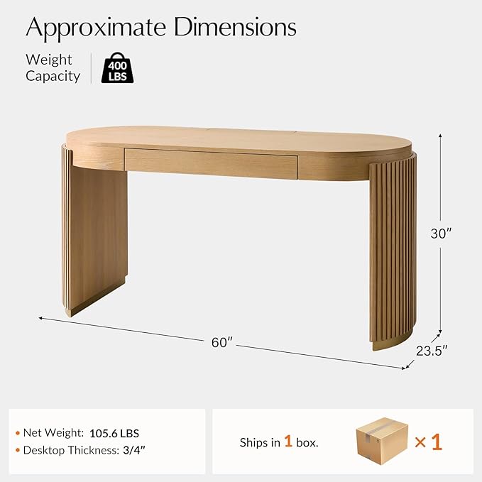 HULALA HOME 60 Modern Executive Desk with Storage Writing Desk with Fluted Legs Home Office Desk with Charging Station Oak