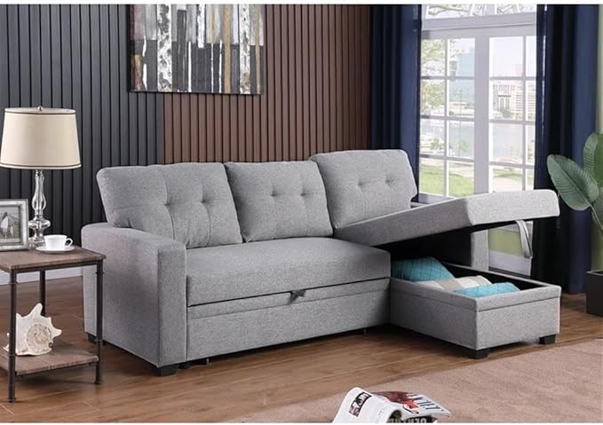Devion Furniture L-Shaped Polyester Fabric Reversible Easy Convertible Pull-Out Sleeper Sectional Sofa/Storage Chaise with Tufted Back Cushions and Track Arms in Light Gray