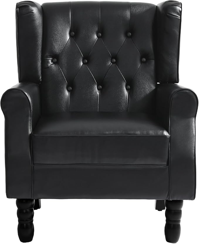 UIXE Faux Leather Accent Chairs Set of 2 High Back Upholstered Armchair for Living Room Wingback Chair Comfy Single Sofa Bedroom Reading Seat with Solid Wood Legs - Black