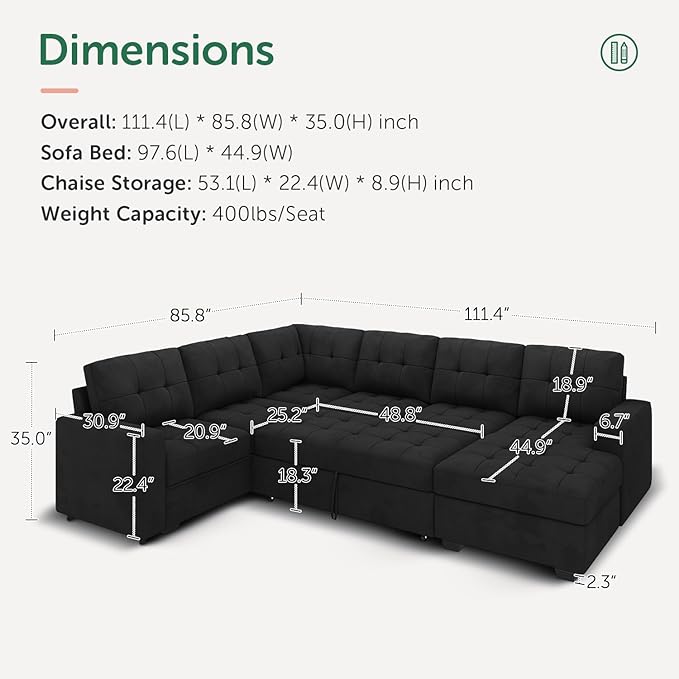 HONBAY Sectional Sleeper Sofa with Pull Out Bed Sleeper Sectional Couch for Living Room Sleeper Sofa Bed with Storage Chaise Velvet Black