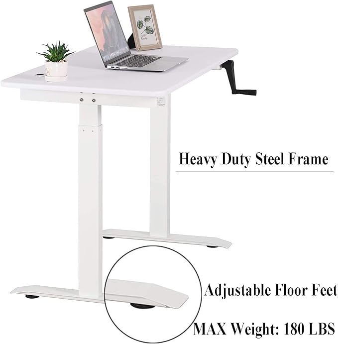 UNICOO Crank Adjustable Height Standing Desk Adjustable Sit to Stand-up Home Office Desk Computer Table Portable Writing Desk (White Top/White Frame - NTCSET-01-WW)