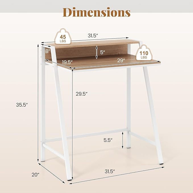 Giantex Small Computer Desk 31.5 Compact Home Office Desk with Monitor Stand &amp Sturdy Frame 2-Tier Space-Saving Study Writing Desk for Small Spaces Apartment and Bedroom (Natural)