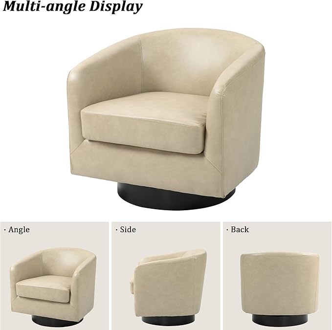 Swivel Barrel Chair Modern Round PU Leather Accent Armchair for Living Room Bedroom Oversized Comfy Club Reading Chairs for Adults (Leather Cream Set of 1)