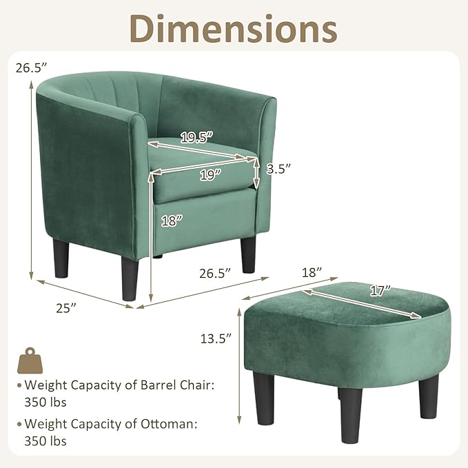 Accent Chair with Ottoman Upholstered Velvet Club Barrel Reading Chair with Footrest Modern Comfy Round Barrel Chairs for Bedroom Living Room Small Reading Spaces (1 Green)