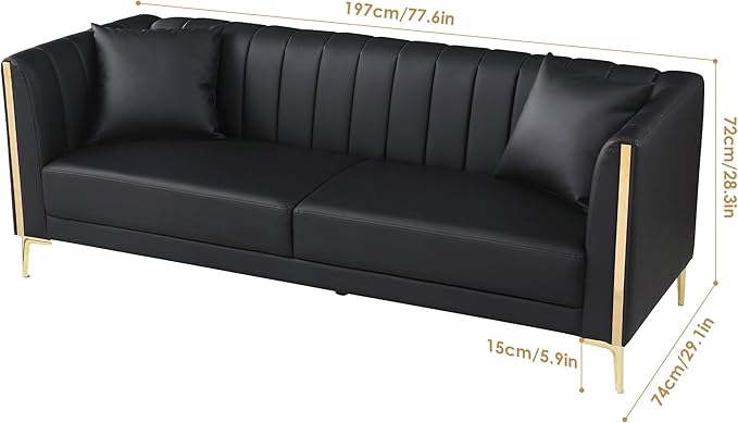 FOTOSOK Black Leather Couch Sofa Office Couches for Living Room 78'' Apartment Faux Leather Sofa with 2 Throw Pillows and Gold Metal Legs Waterproof 3 Seater Couches for Small Living Room